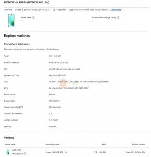 Honor 400 Lite appears on Google Play console  