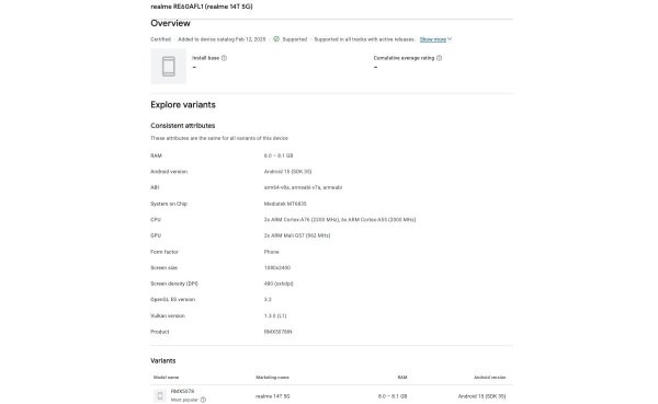 Realme 14T shows up in the Google Play Console, has its main specs confirmed 