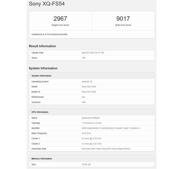 Sony Xperia 1 VII runs Geekbench, confirming its chipset, RAM amount, and Android version 