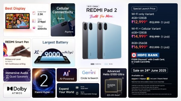 Redmi Pad 2 arrives in India, Wi-Fi and 4G models to be available from June 24 
