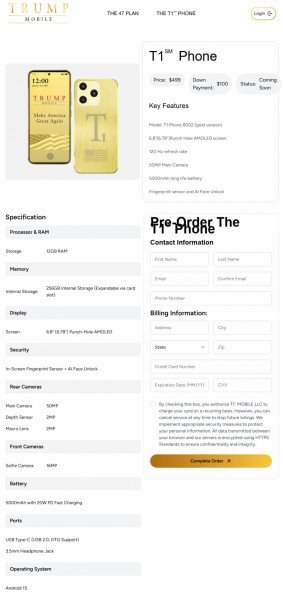 The Trump Mobile T1 Phone is not made in America, specs quietly changed 