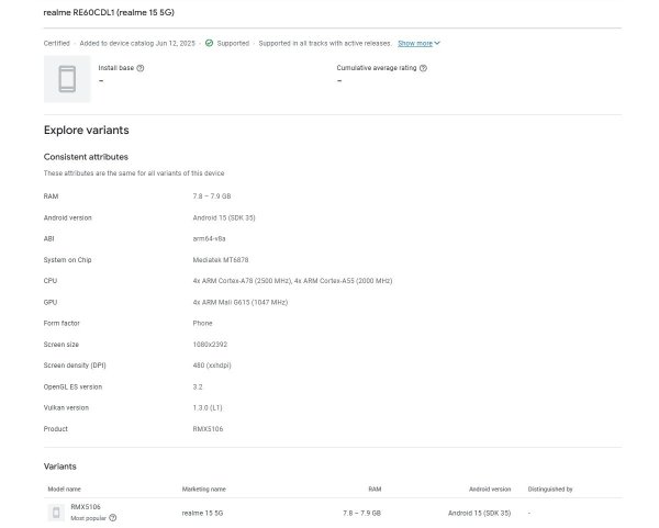 Realme 15 shows up in the Google Play Console, has more specs confirmed 