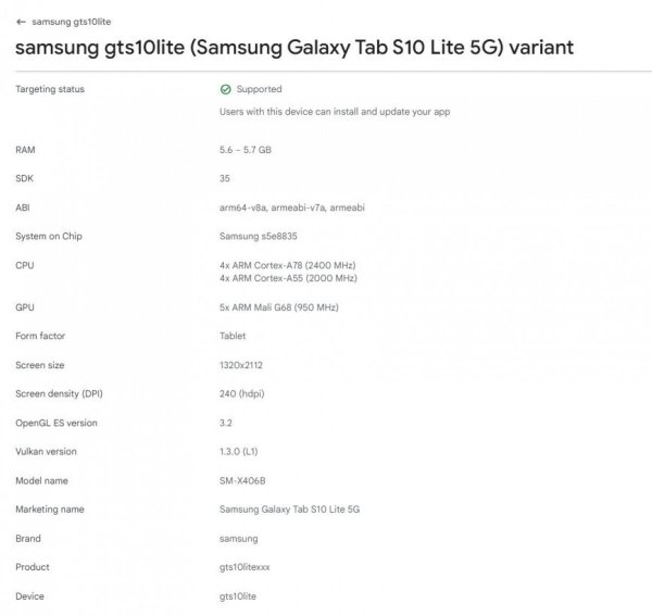 Samsung Galaxy Tab S10 Lite design and specifications revealed via Google Play Console listing 