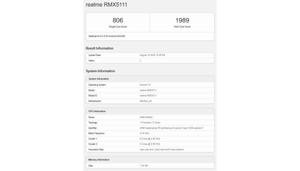 Realme 15T purportedly spotted on Geekbench, here's the chipset powering it 