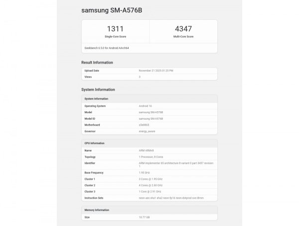 Samsung Galaxy A57 runs Geekbench with the Exynos 1680 chipset on board 