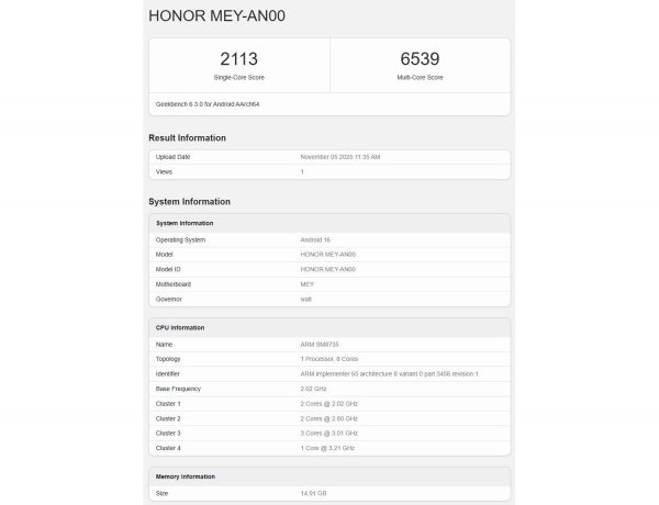 Honor 500 seemingly runs Geekbench revealing its chipset and memory amount 