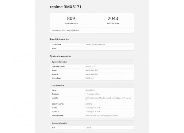 Realme 16 runs Geekbench confirming its chipset and RAM amount 