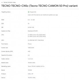 Tecno Camon 50 and Camon 50 Pro images and specs revealed by the Google Play Console 