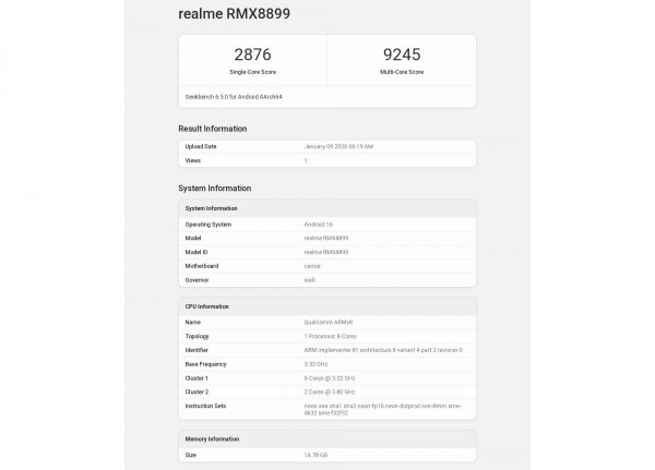 Realme Neo8 purportedly runs Geekbench, confirms its chipset and RAM amount 