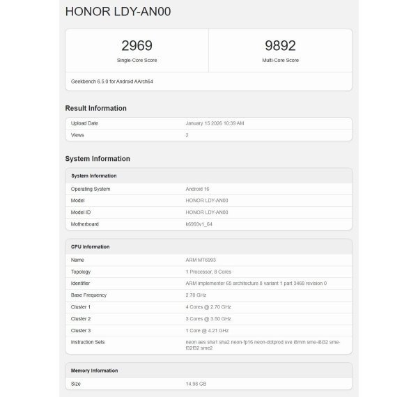 Honor Magic8 Pro Air runs Geekbench confirming its chipset 